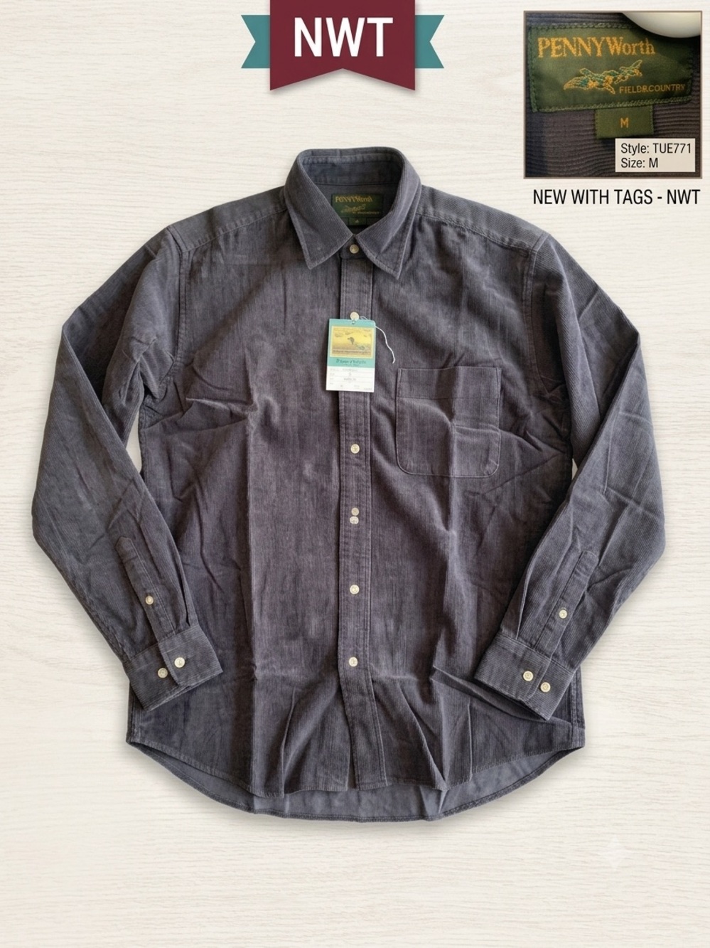 NWT Penny Worth Field & Country Men’s Gray Corduroy Button-Down Shirt Medium
